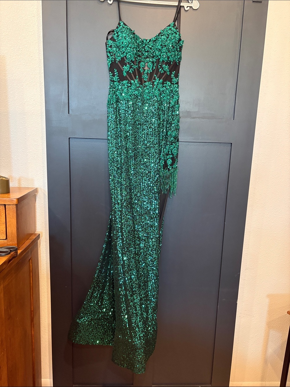 695. Emerald Sequin Fringe Prom Dress with Appliqué